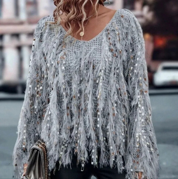 Fun Fuzzy Embellished Pullover Sweater V-Neck Grey - Picture 3 of 5